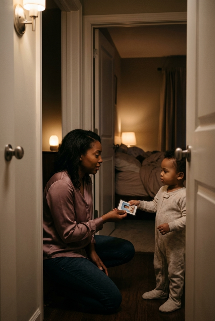 Black American mother receiving bedtime pass card from toddler in pajamas outside bedroom door at night