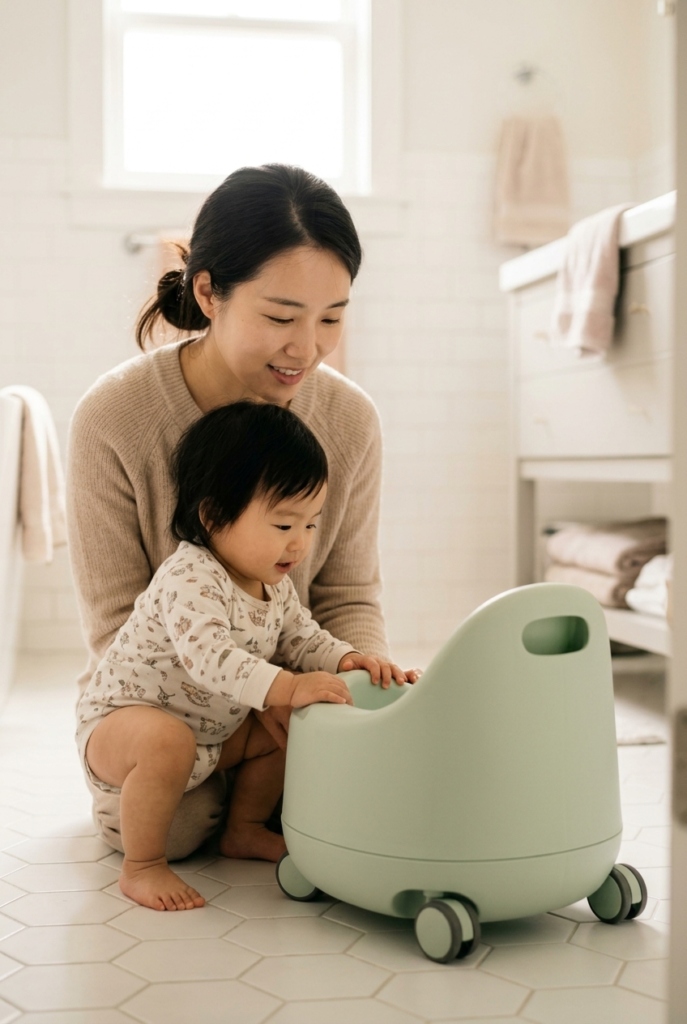 Korean mother kneeling on bathroom floor watching her curious toddler explore a small potty chair