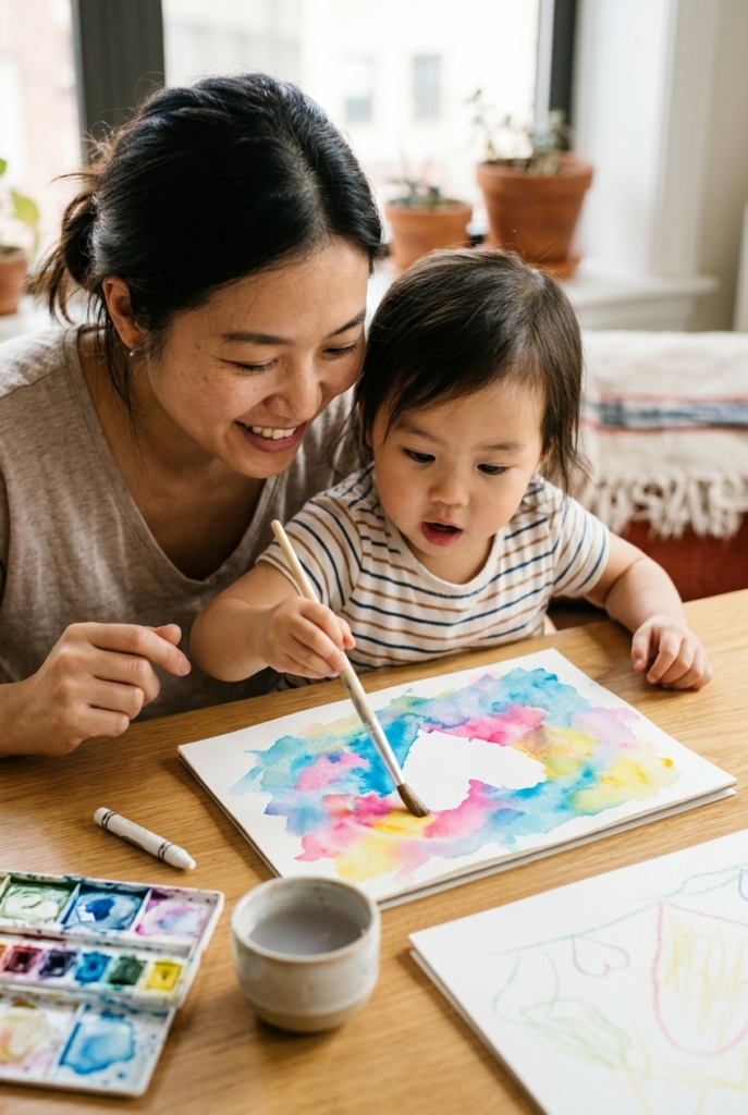 Chinese mother watching toddler girl reveal hidden crayon heart with watercolor paint on paper