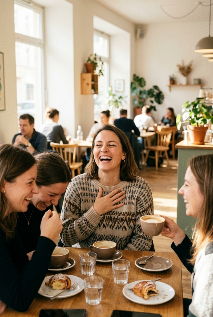 German woman laughing with female friends at a café enjoying her own social life