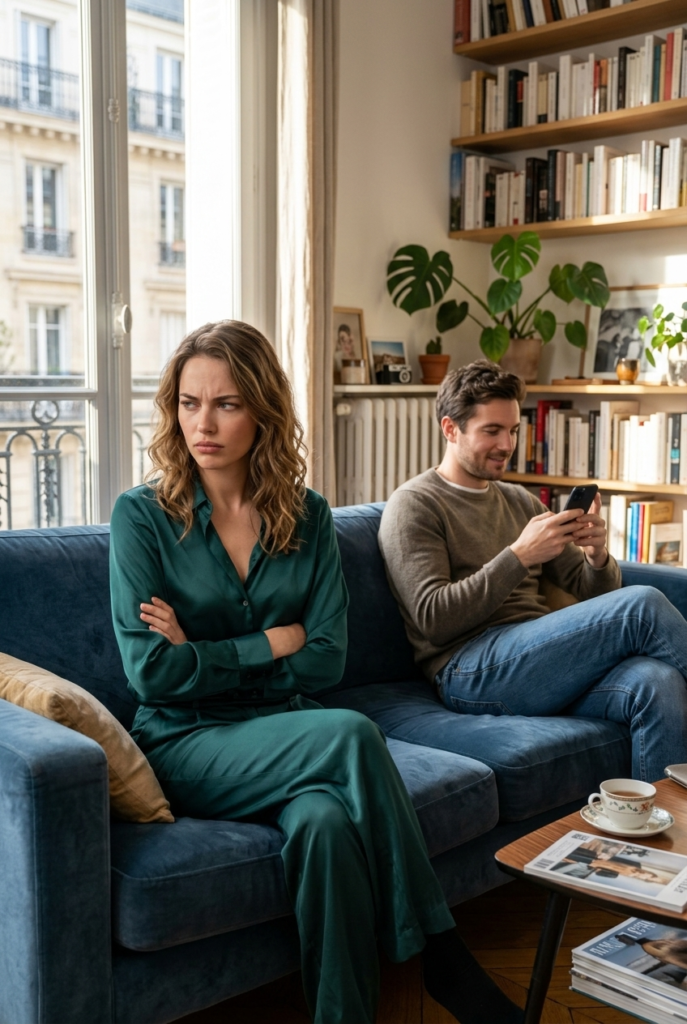 French woman looking frustrated beside an unbothered husband on a couch