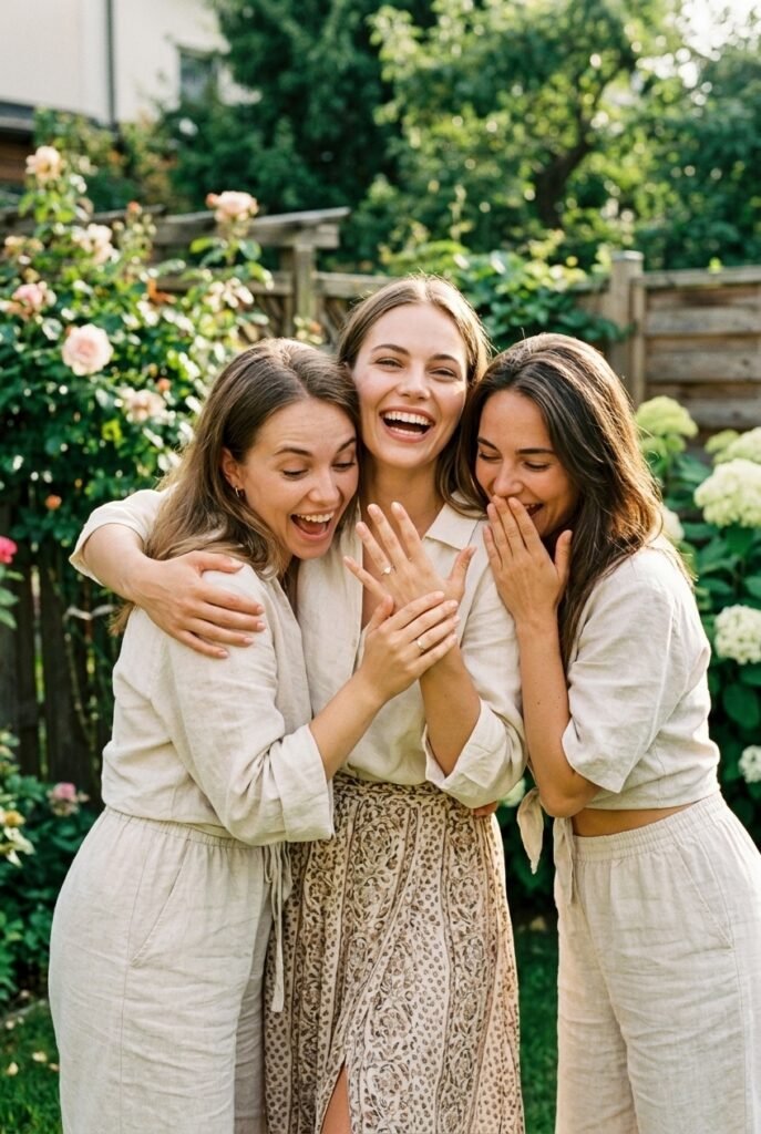 Young Austrian bride-to-be sharing engagement news with two close friends in a sunlit garden, laughing together in a candid moment.