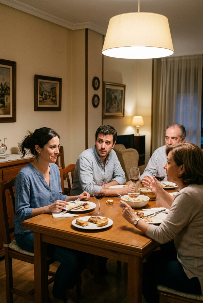 Spanish woman feeling excluded at dinner with husband and his parents