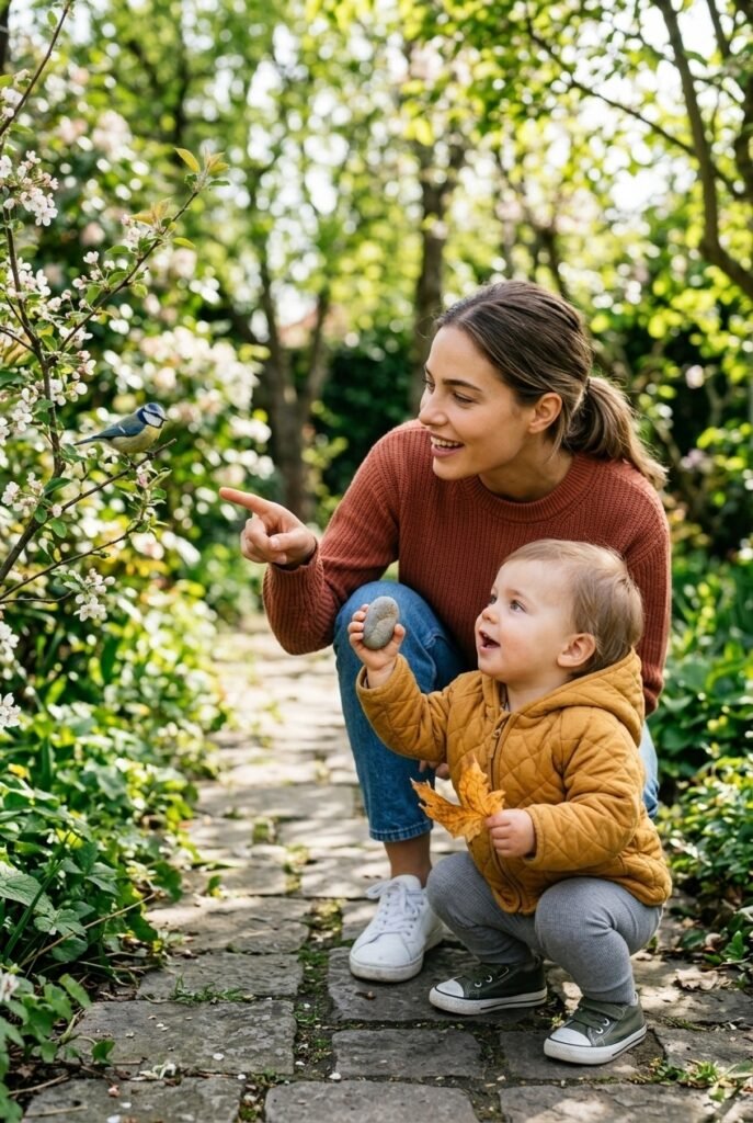 Mother and toddler collecting leaves and rocks on an outdoor scavenger hunt
