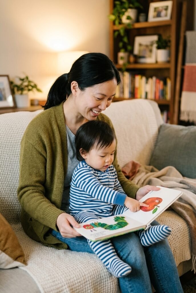 Mother and toddler reading a board book together on the couch