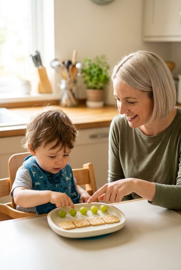 Mother counting grapes and crackers with toddler during snack time