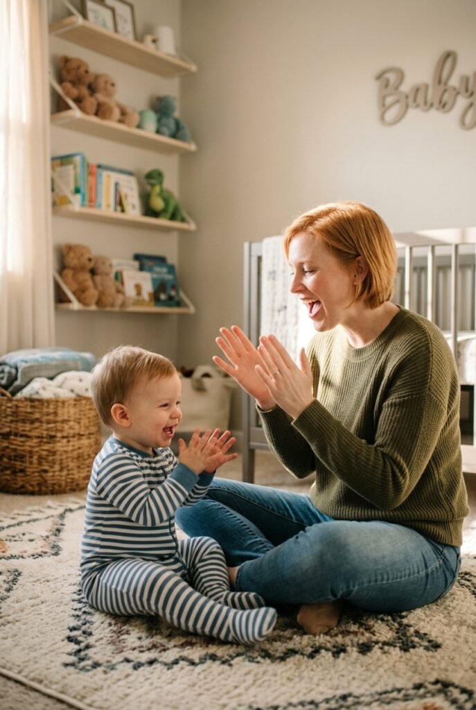 Mother singing and doing hand motions with toddler at home