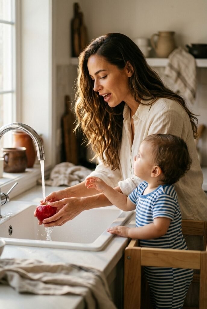 Mother talking to her toddler while washing an apple in the kitchen