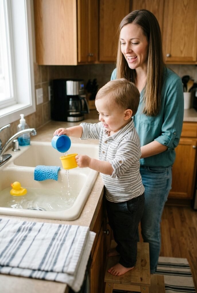 Toddler pouring and scooping water at the kitchen sink with mother nearby