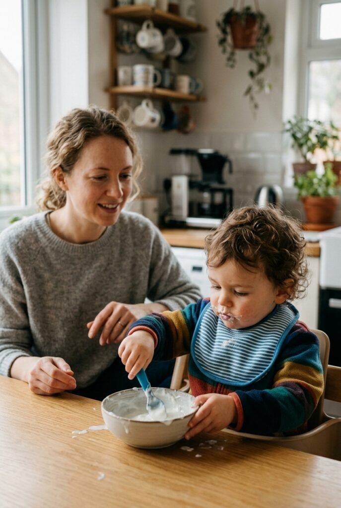 Toddler practicing spoon feeding and zipping a jacket independently