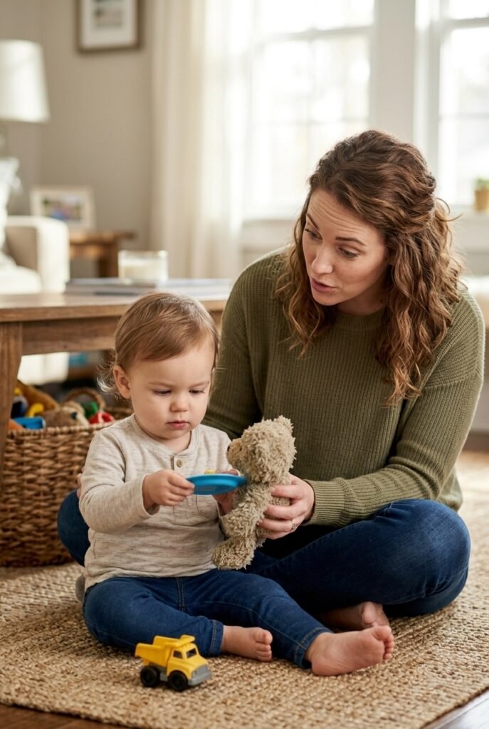 Toddler pretend feeding a stuffed bear while mother asks questions