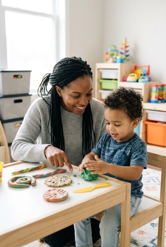 Toddler rolling and shaping colorful playdough with mother at the table