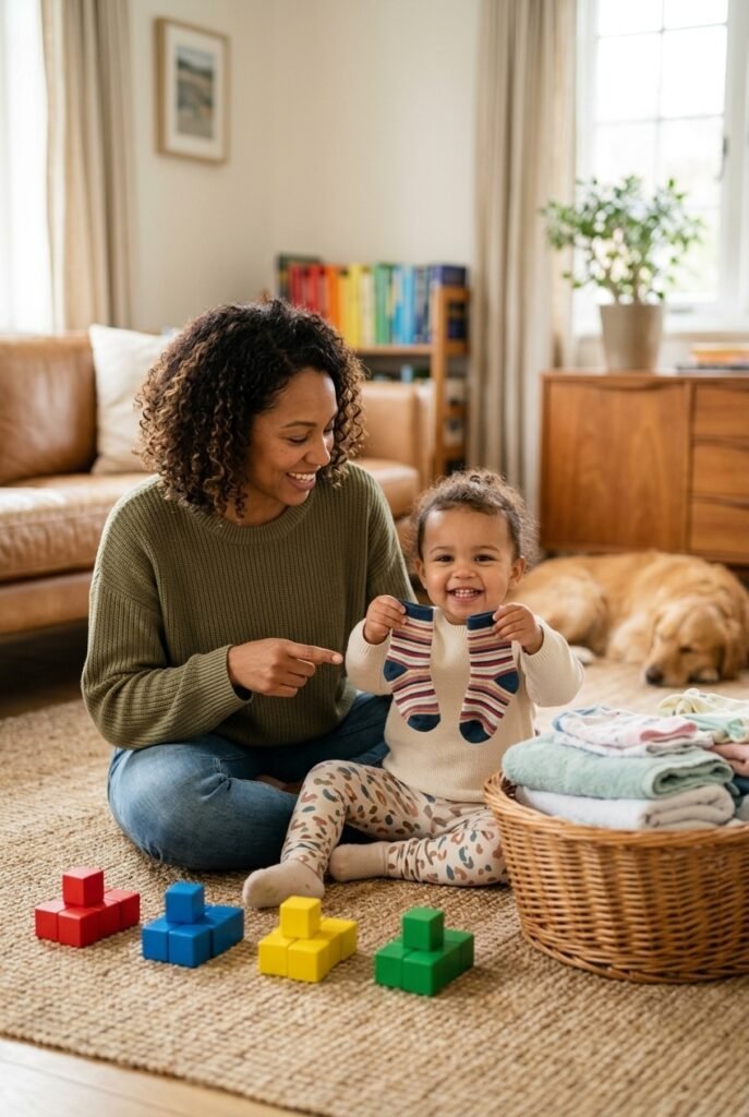Toddler sorting socks and toy blocks by color with mother at home